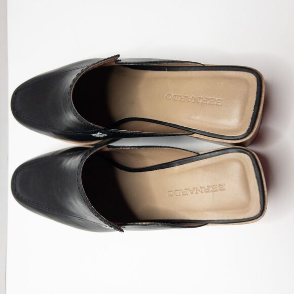 Bernardo Black Leather Block Heel Mules Slides Women’s 10M Square Toe Clogs - Picture 11 of 16